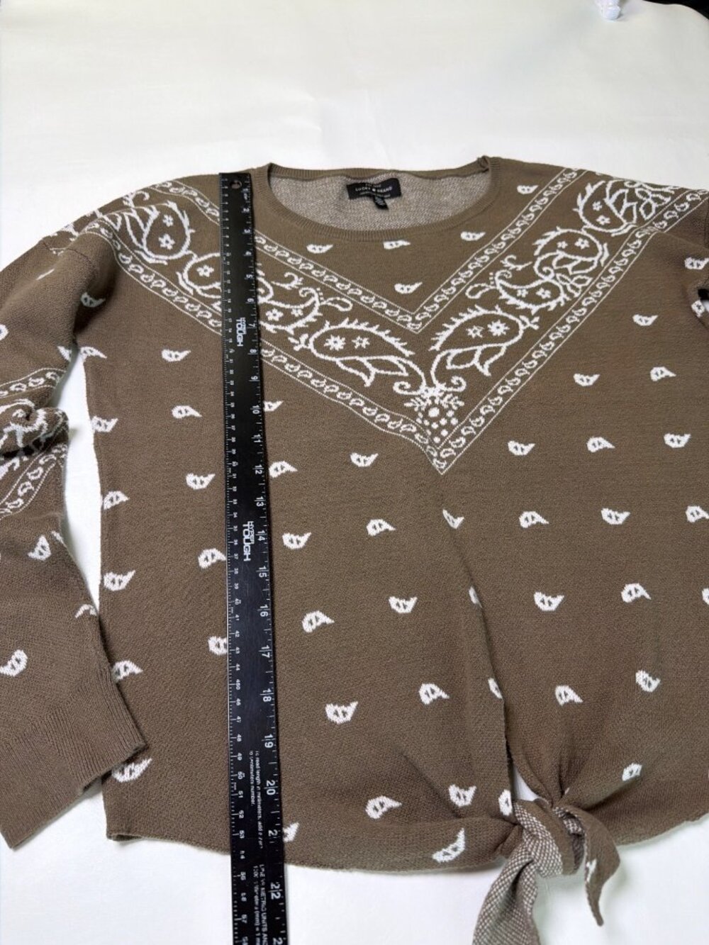 Lucky Brand Intarsia tie front sweater Bandana Olive Pullover Casual, Medium - Picture 3 of 7